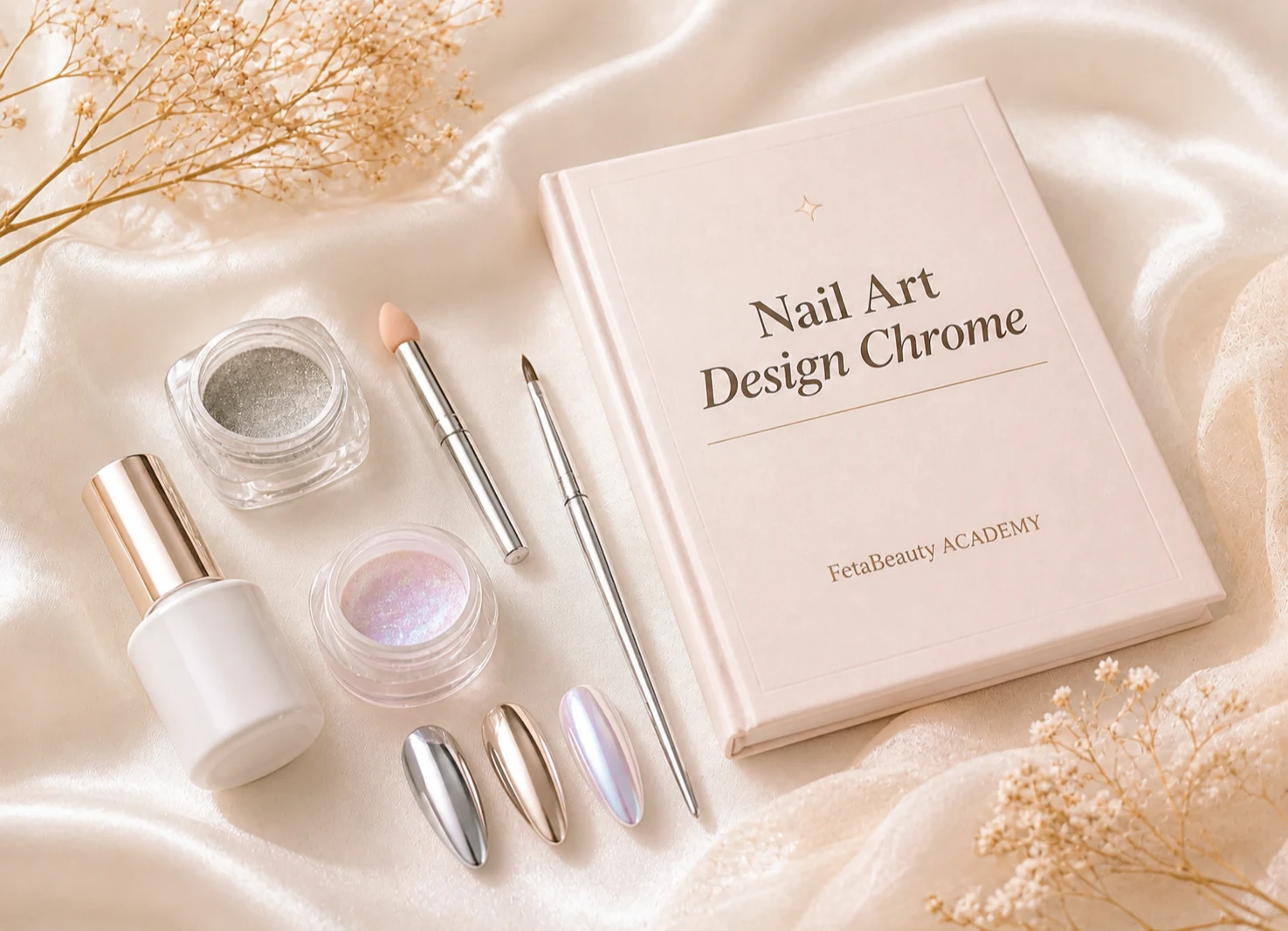 Alat dan bahan kelas Nail Design Chrome: chrome powder silver dan aurora, brush, nail tips chrome, dan buku panduan FetaBeauty Academy