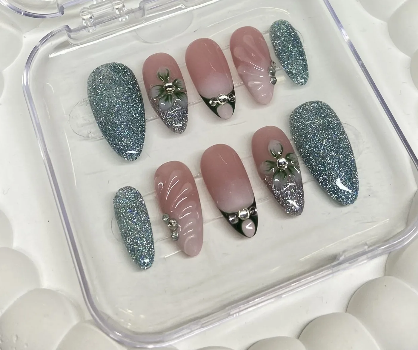 Press on nails glitter biru denim
