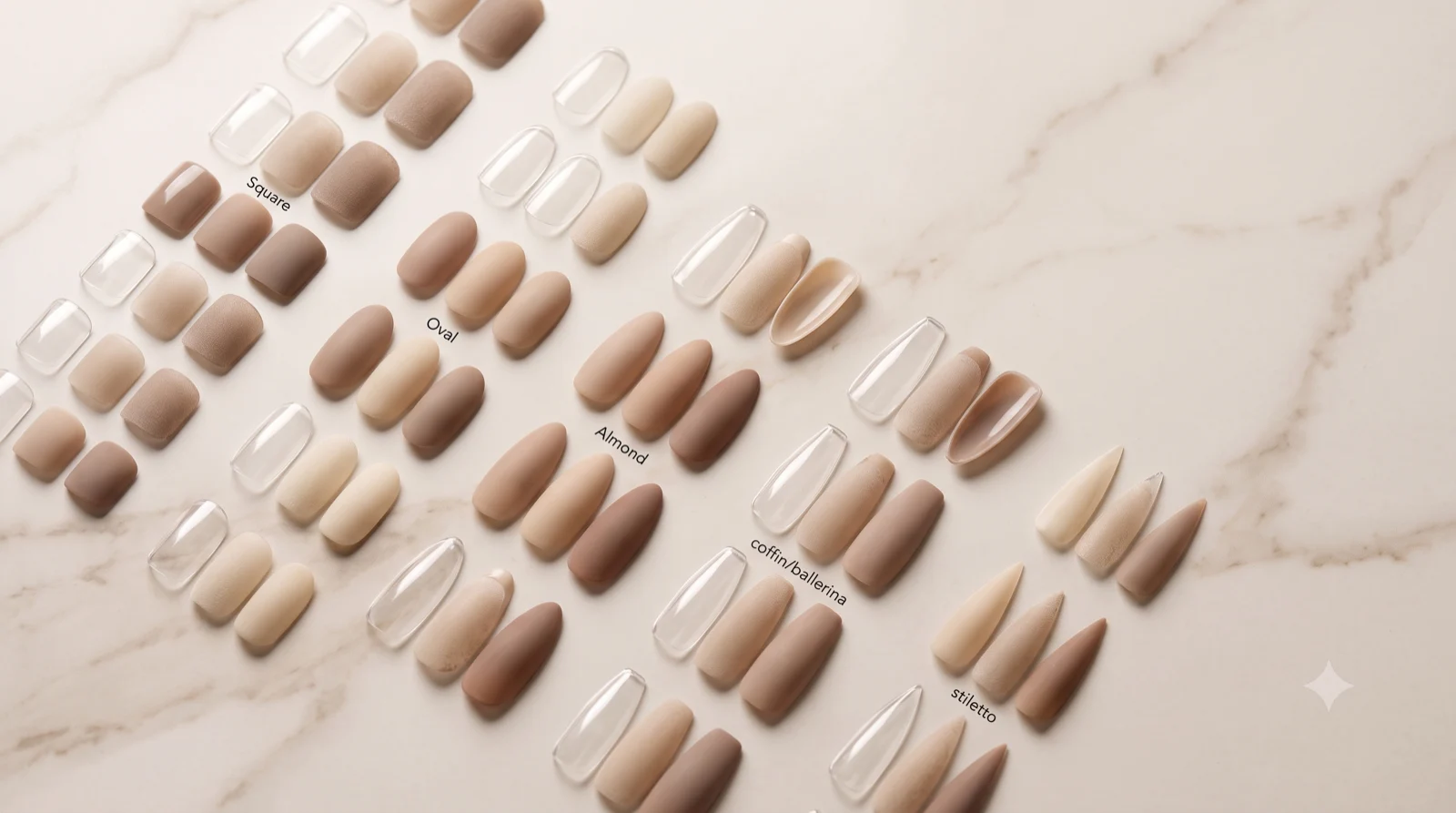 Jenis dan bentuk soft gel tip full cover: square, oval, almond, coffin, stiletto