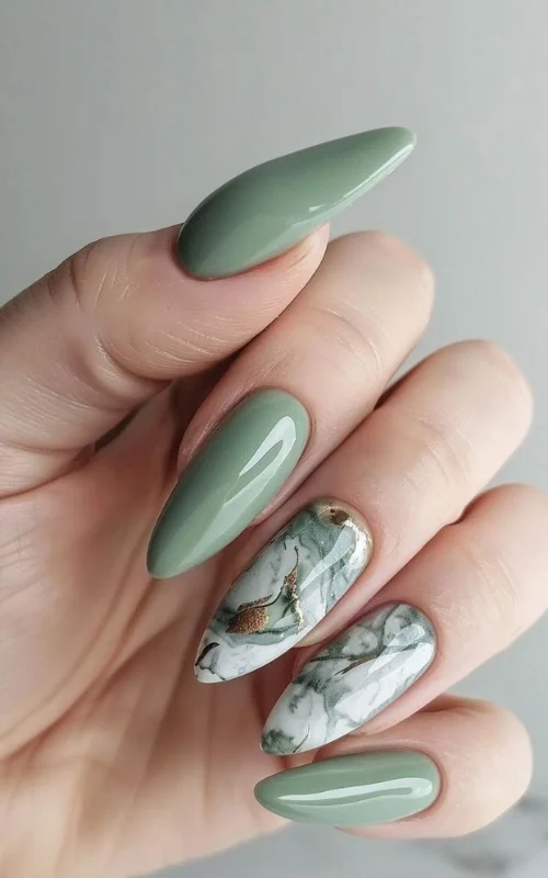 ide desain nail art hijau sage marble