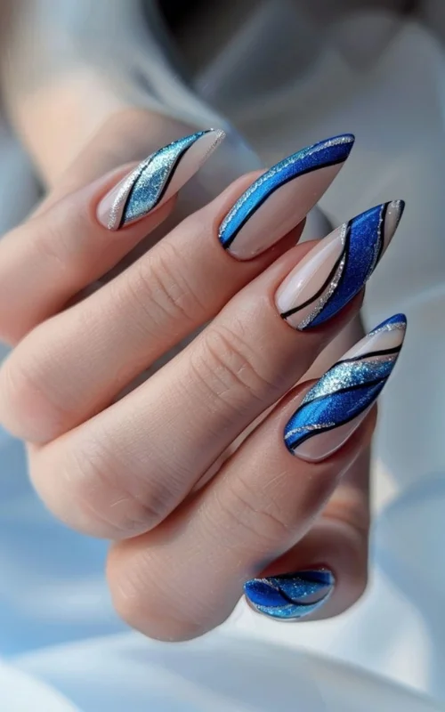 ide design nail art biru glitter line