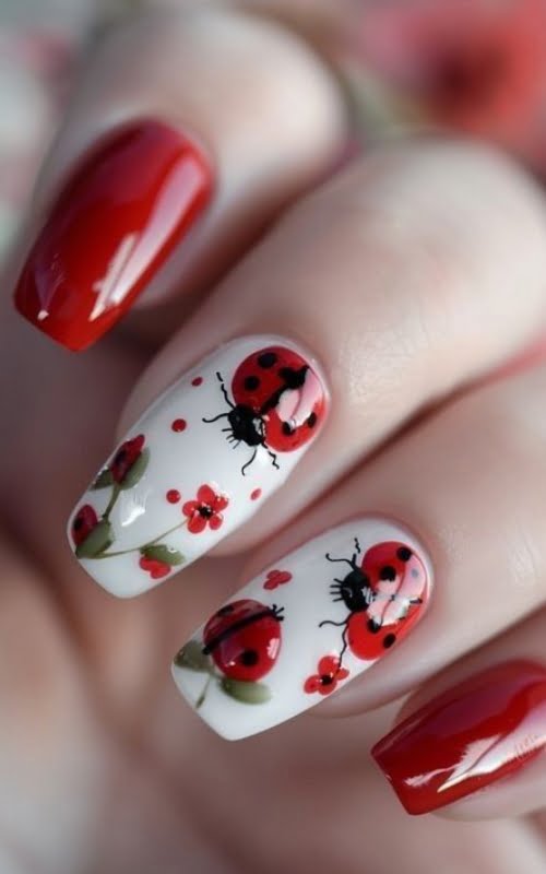 ide design Nail art warna merah animal